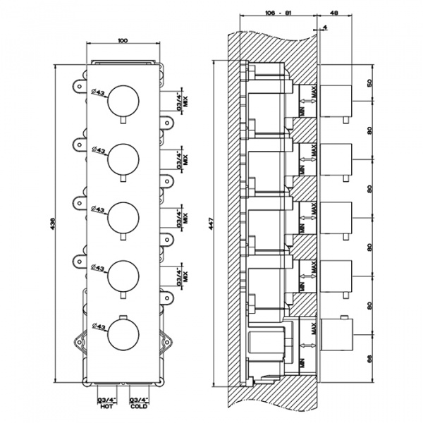 Gessi 316 Встраиваемый термостатический смеситель на 4 источника, резьба 3/4", внешняя часть, цвет: steel brushed