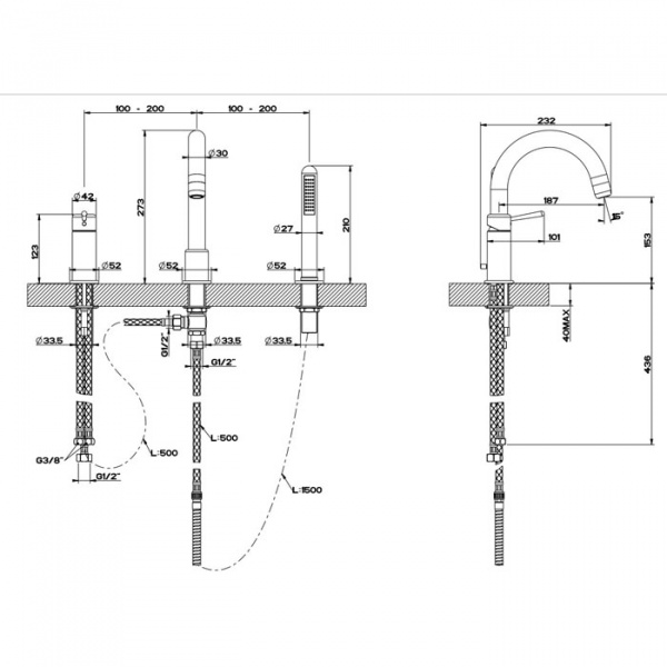 Gessi Goccia Смеситель для ванны на 3 отверстия, с встроенным в излив переключателем и ручным душем, цвет: black XL