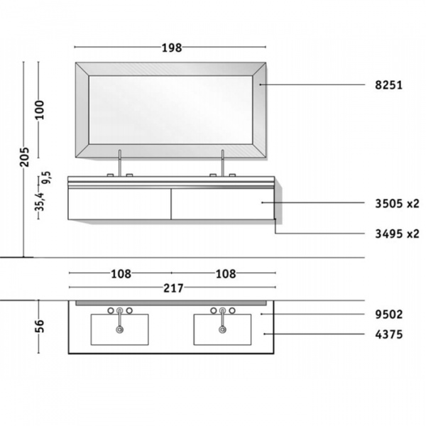 VITAGE milldue edition FOUR SEASONS Комплект мебели с базой, интегрированными раковинами PLANS, зеркалом YORK, 216см, Цвет: мрамор bronzo amani-B58/ экокожа visione-223/ черный хром
