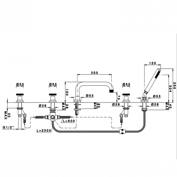 Nicolazzi Arena Смеситель на борт ванны на 5 отверствий, излив: 250 мм, цвет: хром