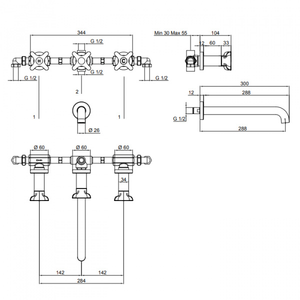 Antonio Lupi Timbro Смеситель для ванны, на 4 отв., излив: 300мм, цвет: хром