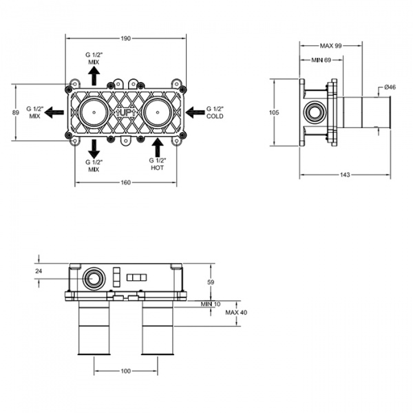 Gessi PARTI INCASSO Встраиваемая часть для термостатического смесителя 3 источника, цвет: steel brushed