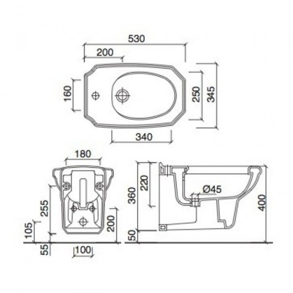 Sbordoni Romana Биде подвесное 34.5х53см, с внешн. подачей воды, 1 отверстие для смесителя, белое/отверстие бронза