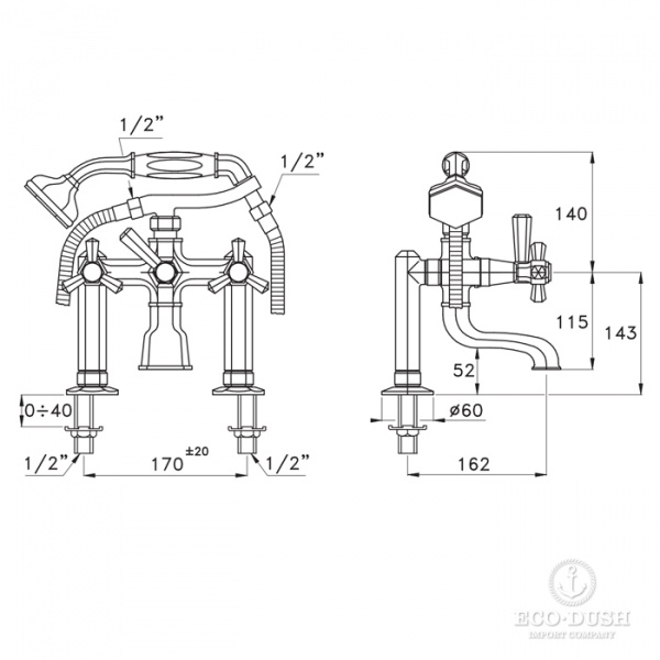 Stella Eccelsa Смеситель на борт ванны на 2 отверстия 3274RG306FB с ручным душем, цвет: золото