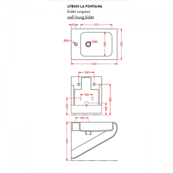 Artceram LA FONTANA биде подвесное 36х54см с 1 отв под смеситель, c креплением, цвет: белый