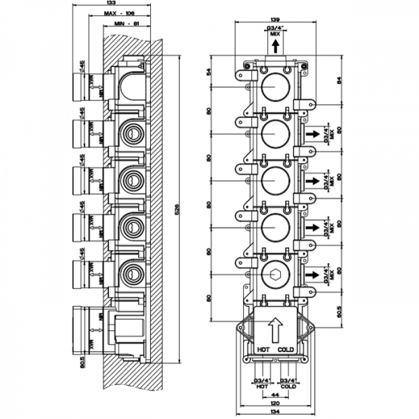Gessi Внутренняя часть встраиваемого термостатического смесителя с 5ю независимыми выходами