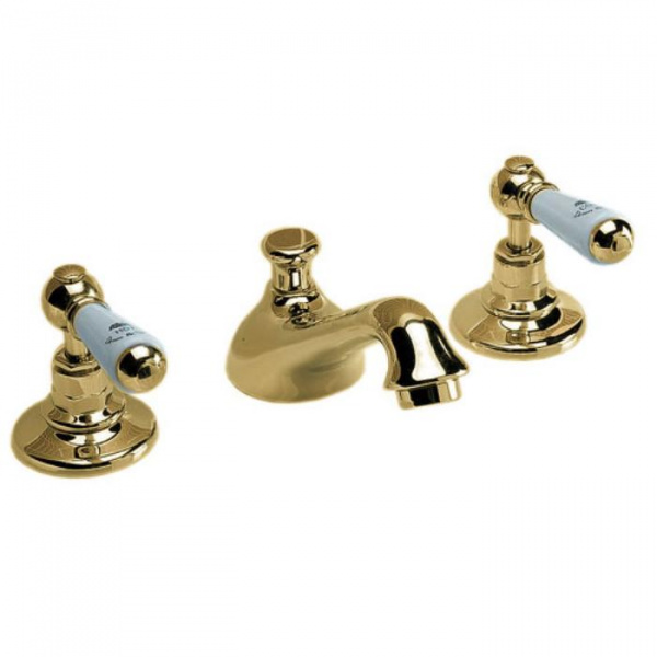 Devon&Devon Dandy Смеситель для раковины на 3 отв., с донным клапаном, c ручками белыми, цвет: золото 24К
