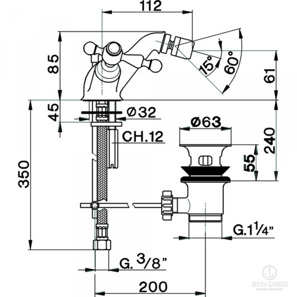 CISAL Arcana America Смеситель для биде на 1 отверстие, с донным клапаном, цвет: хром