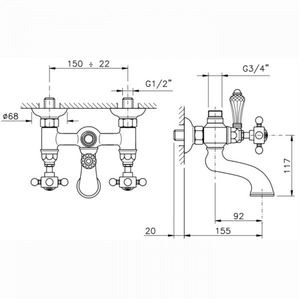 Nicolazzi Half Dome Смеситель для ванны на 2 отверстия, с переключателем ванна/душ, вывод сверху 3/4" (для душ. стойки), цвет: тёмная бронза