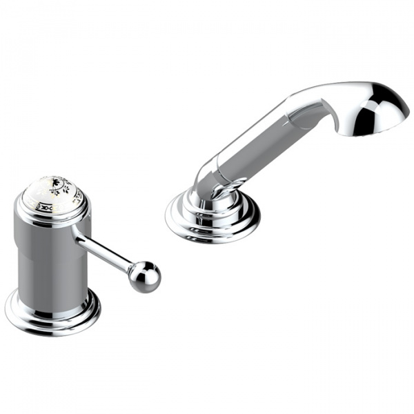 THG Marquise platinum decor Смеситель на борт ванны на 2 отв, однорычажный, без излива, с ручным душем, ручки белые, декор платина, цвет: хром