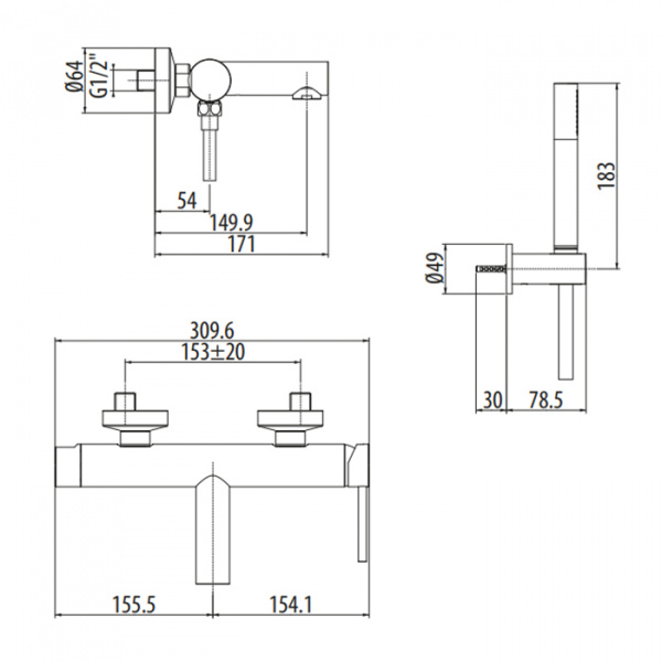 Gattoni Circle One Смеситель для ванны, с ручной лейкой на держателе, цвет: хром