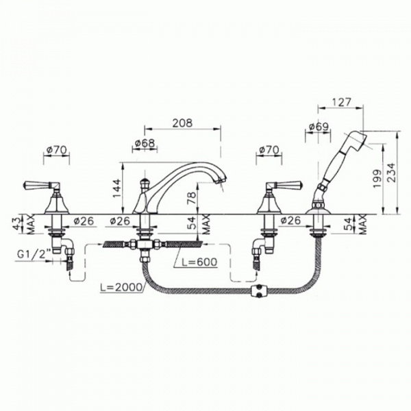 Nicolazzi Teide Смеситель на борт ванны, 4 отв., излив: 223 мм, с ручным душем, цвет: хром