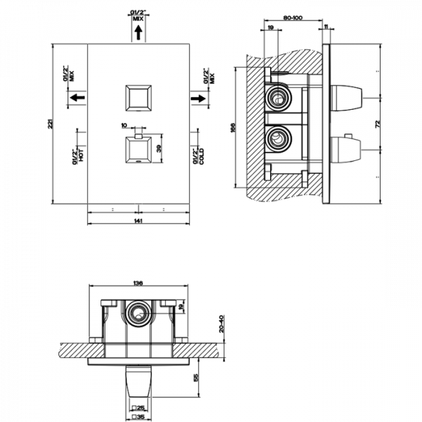 Gessi Mimi Термостатический смеситель с подключением на 3/4”, 3 выхода, внешняя часть, цвет: хром