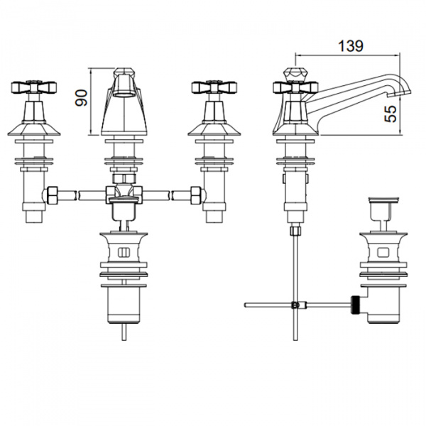 Sbordoni Déco prestige Смеситель для раковины на 3 отв. с донным клапаном, излив 139мм h65мм, цвет: никель