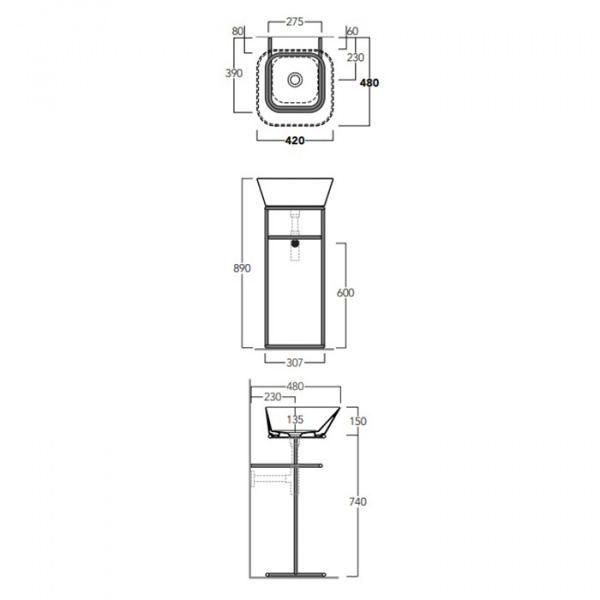 Simas Wave Структура металлическая напольная 30х40х75 см, с раковиной без отв. под смеситель, цвет: черный матовый