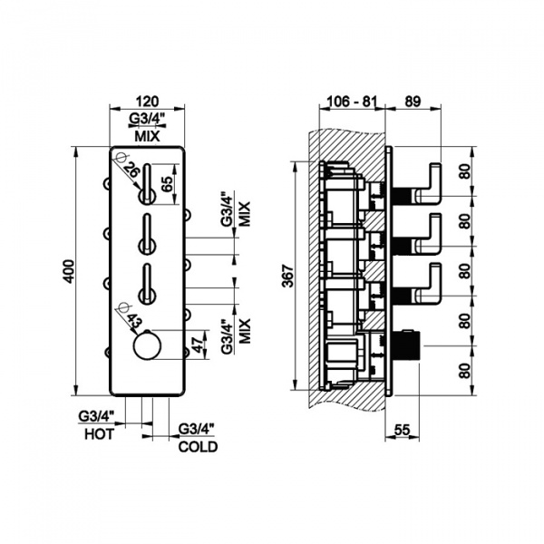 Gessi Inciso Смеситель встраиваемый на 3 источника, термостатический, резьба 3/4", внешняя часть, цвет: хром