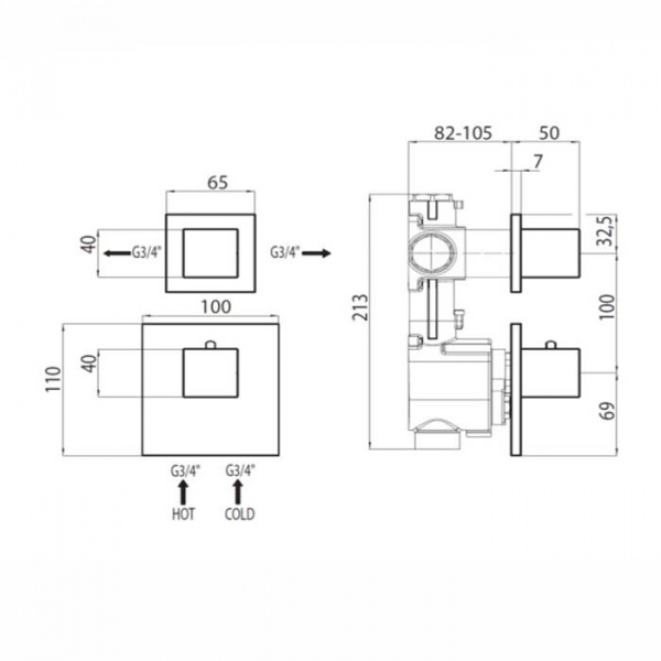 Bossini Rectangular Термостат для душа, встраиваемый, с девиаторм/запорным вентилем на 1 или 2 выхода, уст-ка верт/гор., цвет: хром