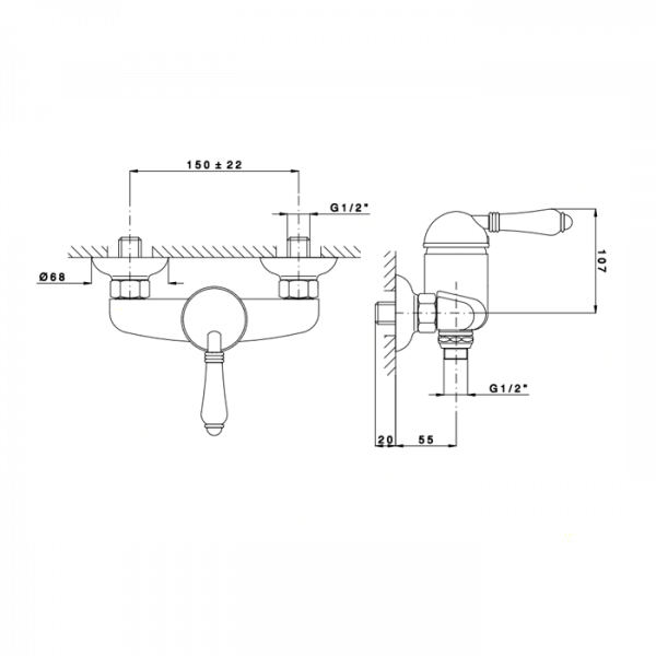 Nicolazzi P.m. Blanc A Смеситель для душа однорычажный, вывод снизу 1/2", ручки состаренная керамика, цвет: хром