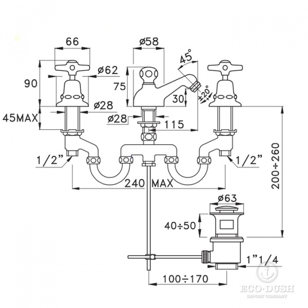 Stella Italica Смеситель для биде на 3 отверстия 3601, с донным клапаном, цвет: хром