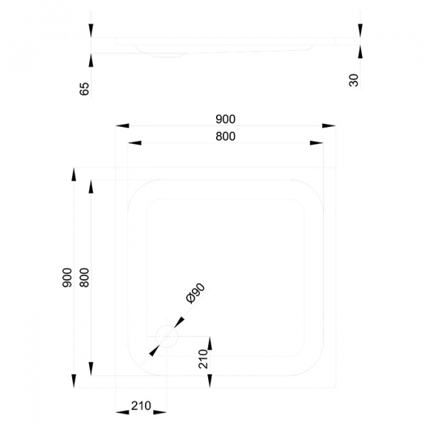 Bette Душевой поддон квадратный 90х90хh6,5см, D5.2см, с окантовкой по 2м сторонам, цвет: чёрный
