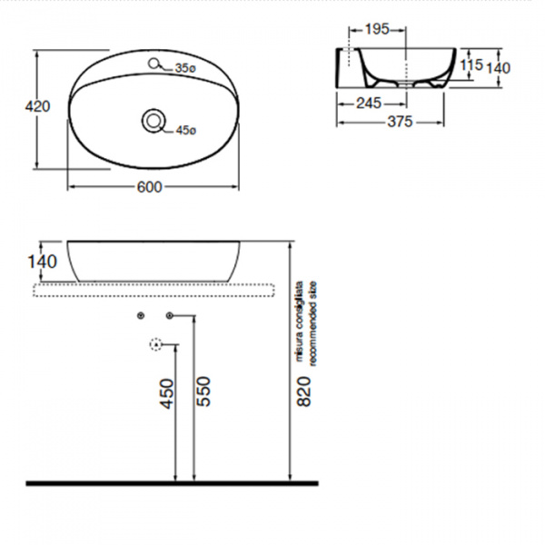 AZZURRA ELEGANCE Раковина 60х42 см, 1 отв., накладная, цвет: carbone