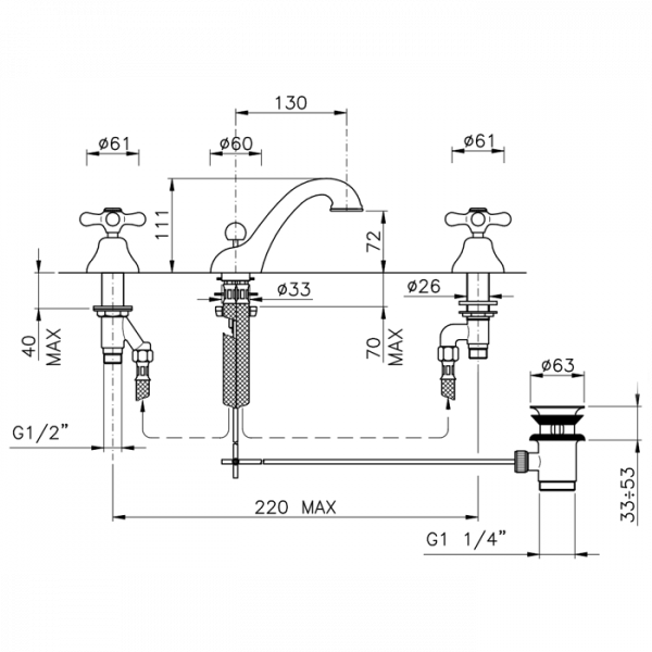 Nicolazzi Nuova Brenta Смеситель для раковины на 3 отверстия, с донным клапаном, излив: 130мм, цвет: хром