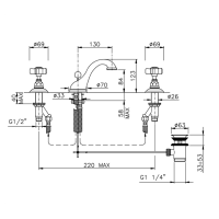 Nicolazzi Dames Anglaises Смеситель для раковины на 3 отверстия, с донным клапаном, излив: 130мм, цвет: хром