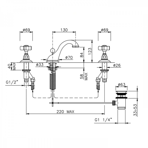 Nicolazzi Dames Anglaises Смеситель для раковины на 3 отверстия, с донным клапаном, излив: 130мм, цвет: хром