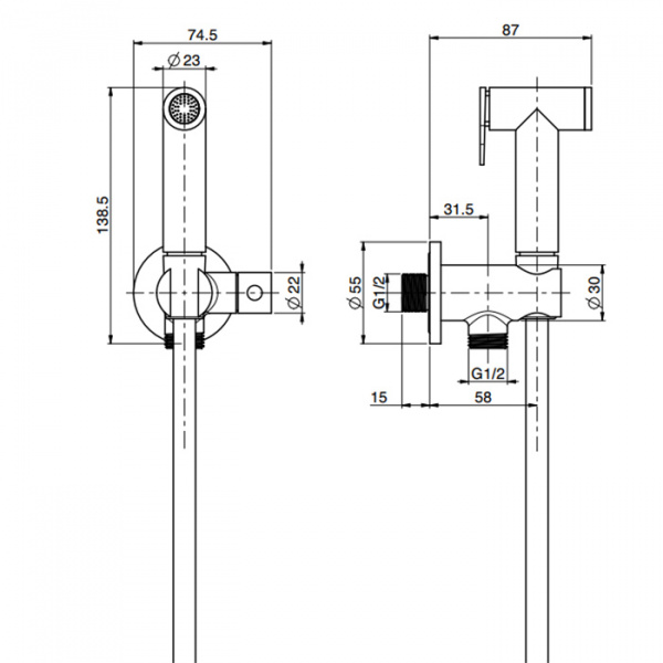 Carlo Frattini Spillo Steel Гигиенический душ в комплекте с запорным вентилем, ручной душ, шланг 1200 мм. и держатель душа, цвет: INOX