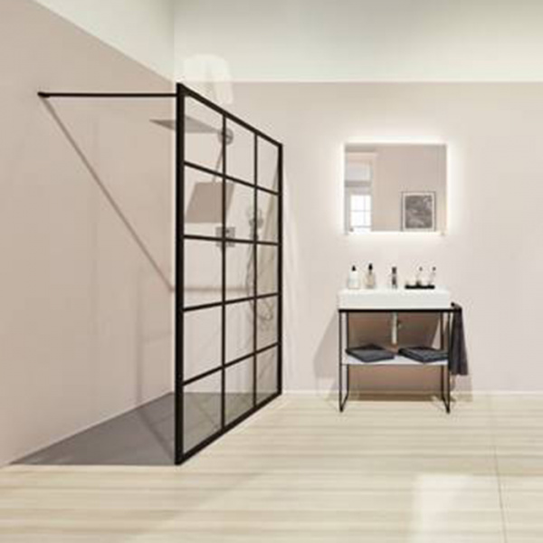 KERMI WALK IN Dark Edition Ограждение в металл. рамке 118-120x200см., с опорой 120см, черный soft+ декор решетка печать+Kermiclean, цвет: черный