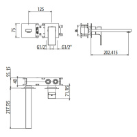 Gattoni Kubik Смеситель встраиваемый, на 2 отверстия, с внутренней частью, излив 202 мм, цвет: Nero Opaco