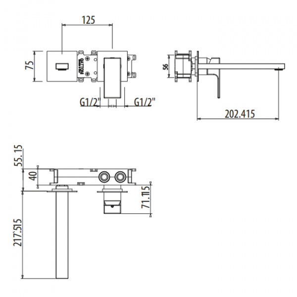 Gattoni Kubik Смеситель встраиваемый, на 2 отверстия, с внутренней частью, излив 202 мм, цвет: Nero Opaco