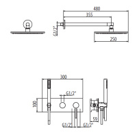 Gattoni Circle One Комплект для душа, со смесителем на 2 вых, ручной лейкой и верхним душем 25см, цвет: черный матовый
