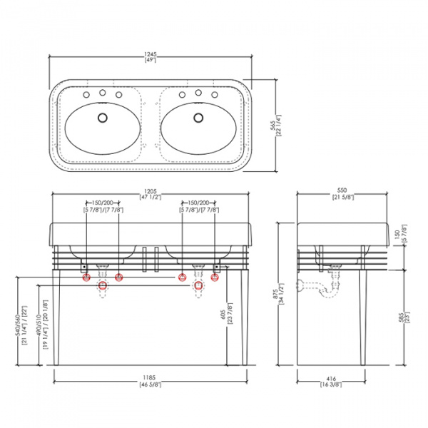 Devon&Devon Wide Blues Консоль 124.5х56.5см, с двойной раковиной на 3 отв, цвет: хром/белая