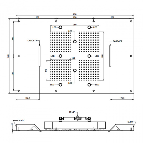 Bongio Soffioni Верхний душ 850х400 мм, хромотерапия, цвет: хром