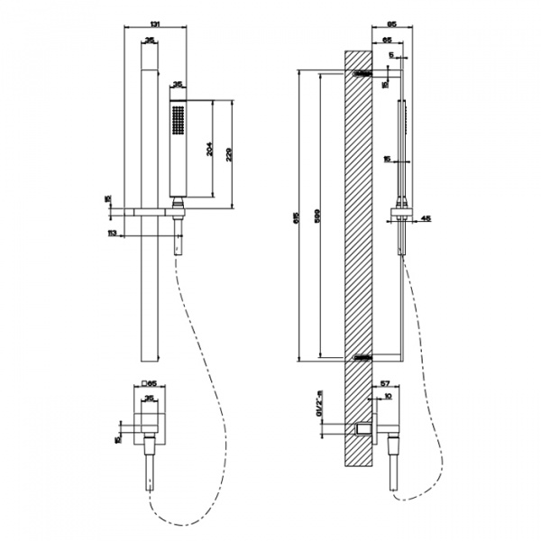 Gessi Rettangolo Душевая стойка с ручным душем и выводом воды из стены, цвет: Finox