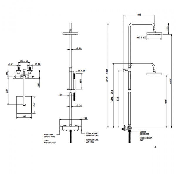 Bongio Душевая стойка с термостатом, верхним душем 200х200 мм, ручным душем, цвет: хром