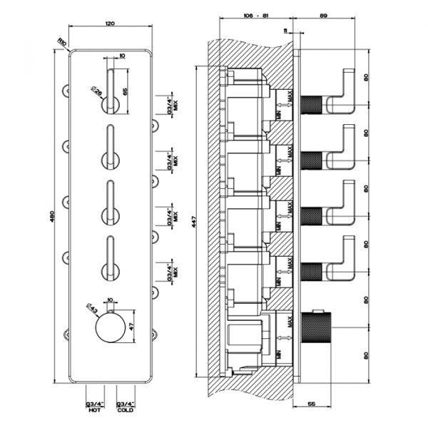 Gessi Inciso Встраиваемый термостатический смеситель на 4 источника, резьба 3/4" (внешние части), внешняя часть, цвет: nero XL