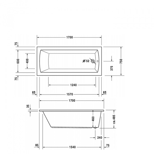 Duravit Daro  Ванна 170х75х46см, акриловая, прямоугольная встраиваемая ,с наклоном для спины 