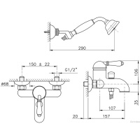 Nicolazzi P.m. Blanc Смеситель для ванны однорычажный, настенный, с ручным душем, ручки белая керамика, цвет: золото
