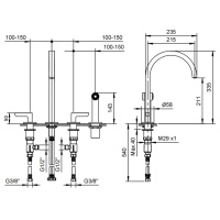 Fantini Icona Deco Смеситель для кухни, 4 отв, без донного клапана, излив 215мм, с ручн душем, цвет: хром