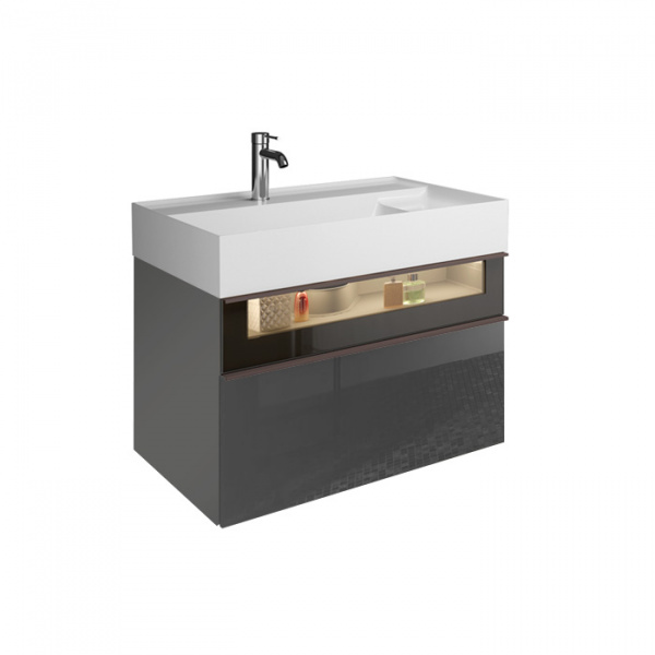 Burgbad Yumo Тумба с раковиной, 81.5х47х48см., с 1 отв., 2 выдв ящика, аллюм рамка,вставка из дымч стекла, светодиодн. подсв., цвет: серый глянец
