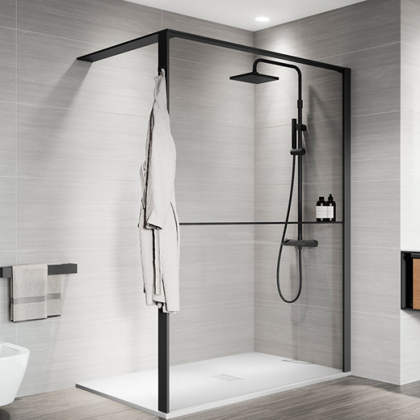 Novellini Kuadra HWS Душевое ограждение 137-140х200cм., с свободным входом, Dx, с полкой, стекло прозрачное, цвет: черный матовый