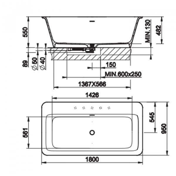 Gessi Rettangolo Ванна отдельностоящая/встраиваемая 180х95x55см, цвет: матовый белый/RAL
