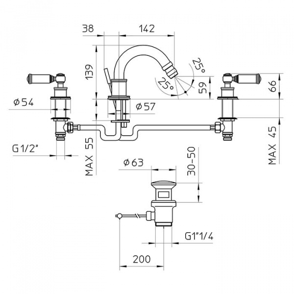 Bossini Liberty Смеситель для биде на 3 отверстия с поворотным изливом и заглушкой 1”1/4, цвет: хром