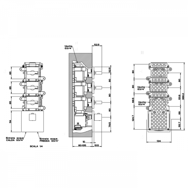 Gessi Rettangolo Встраиваемый термостатический смеситель, подключение на 3/4”, с 3мя независимыми выходами, внешняя часть, цвет: хром