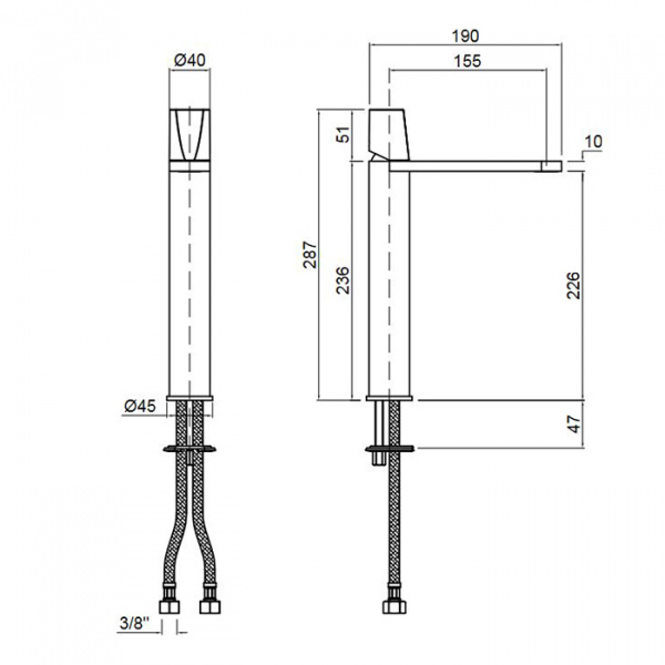 ANTONIO LUPI INDIGO Смеситель для раковины на 1 отверстие, однорычажный, высота 285 мм., ручка черная матовая, отделка: полированная натуральная латунь