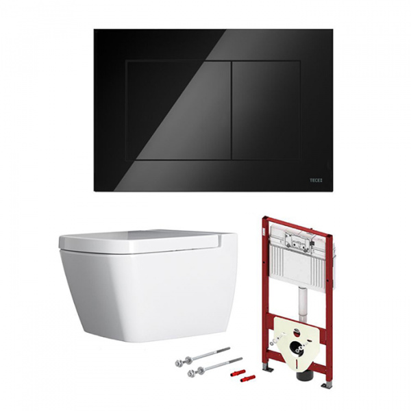 TECEbase Система инсталляции для унитазов 4 в 1 с кнопкой смыва 9240403 черный глянцевый, крепежом и звукоизоляцией, с унитазом TECEone