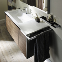 Burgbad Yso Комплект подвесной мебели 128x49x45 см, с прямоугольным  керамической раковиной слева, с  2-мя полотенцедержателями, цвет: светло-серый глянцевый/фасада коньячный орех