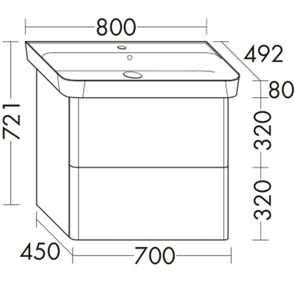 Burgbad Iveo База подвесная с керамическим умывальником с 1 отв под смес. 80х49.2х72.1см.2 выдв ящика, сифон в компл.подсветка F2833 белый глянц